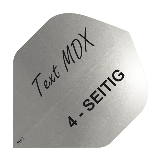 10 sad potištěných metalických letek, 4 strany - vlastní text - MDX Standard Das Bild zeigt einen silbernen Dartflight mit der Aufschrift "Text MDX" und "4-SEITIG". Der Flight hat eine metallische Oberfläche und eine spezielle Form.