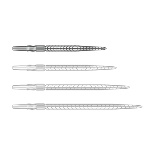 Das Bild zeigt vier silberne Dartspitzen mit einem Muster aus Linien. Sie sind nebeneinander angeordnet und unterscheiden sich nur in ihrer Position.