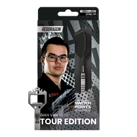 Ocelové šipky Red Dragon Gian Van Veen Tour Edition Switch Point - 21g Das Bild zeigt die Red Dragon Gian Van Veen Tour Edition Switch Point Steeldarts - 21g. Die Darts haben ein modernes und robustes Design.