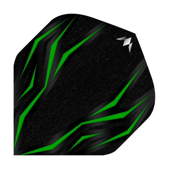 Das Bild zeigt einen schwarzen Dartflight mit grünen, diagonalen Linien. In der oberen rechten Ecke befindet sich ein kleines, silbernes Logo.