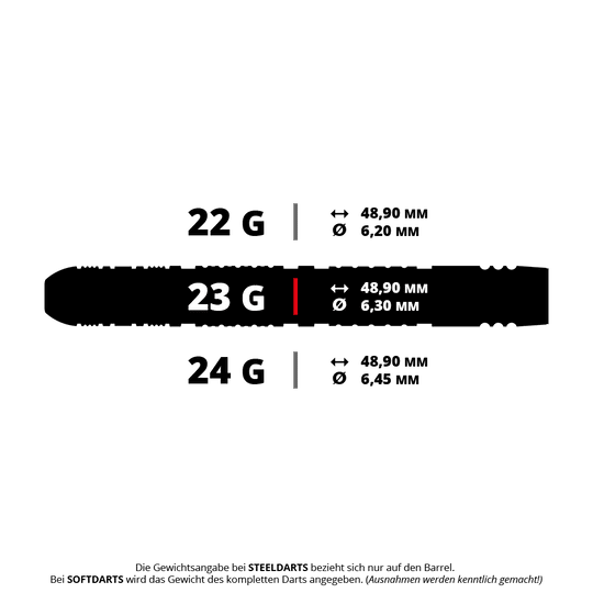 Auf dem Bild sieht man Steeldarts von Dimitri Van Den Bergh. Die abgebildeten Darts haben ein Gewicht von 23 Gramm.