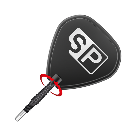 Špičky na šipky Target Swiss Storm LNC - černé Das Bild zeigt eine schwarze Dartspitze mit dem weißen „SP“-Logo darauf. Die Spitze ist schräg platziert und durch einen roten Pfeil hervorgehoben.