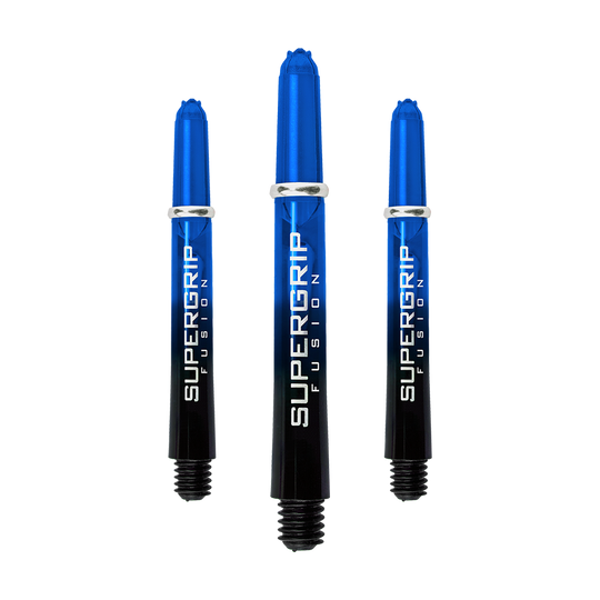 HR337_Harrows_Supergrip_Fusion_Shafts_Blau_40mm_1sE1lQmQRAdrL1 Das Bild zeigt drei blaue Harrows Supergrip Fusion Shafts. Die Shafts sind aus Kunststoff und haben einen glänzenden Schriftzug auf der Seite.