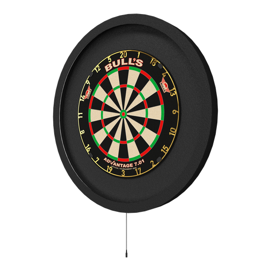 Auf dem Bild ist das Bulls NL Lumo XL Surround Beleuchtungssystem zu sehen. Es umgibt eine Dartscheibe mit einem runden, beleuchteten Rahmen.