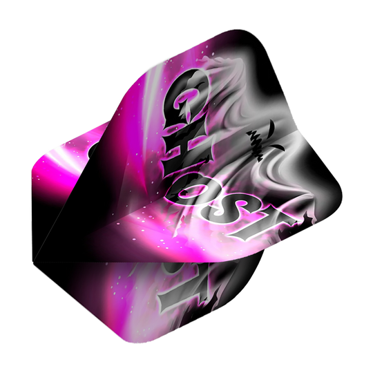 Standardní lety Mission Solo Bailey Marsh č. 2 Das Bild zeigt ein Dartflight mit dem Aufdruck "GHOST" in großen Buchstaben. Die Farben sind hauptsächlich Schwarz, Weiß und Pink mit einem nebligen, geisterhaften Muster.