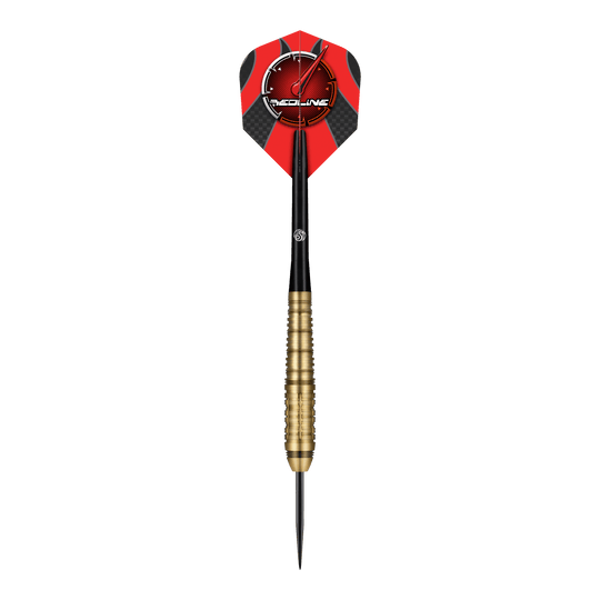 Ocelové šipky Shot Redline Mach 1 Das Bild zeigt einen Steeldartpfeil mit goldfarbenem Griff und schwarzer Spitze. Die Dartflügel sind rot-schwarz gestaltet und tragen das "Redline"-Logo.
