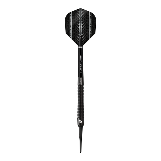 Měkké šipky Harrows Supergrip Black Edition Das Bild zeigt einen Harrows Supergrip Black-Edition Softdart. Der Dart ist komplett in Schwarz gehalten und hat ein modernes, elegantes Design.