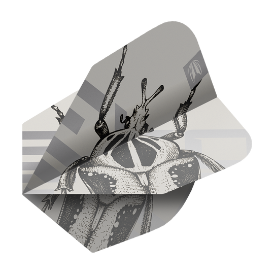 Dies ist ein Dart Flight aus der Serie "Target Pro Ultra Exo 2.0 No6". Das Design zeigt ein detailliertes Insektenmotiv in Grautönen.