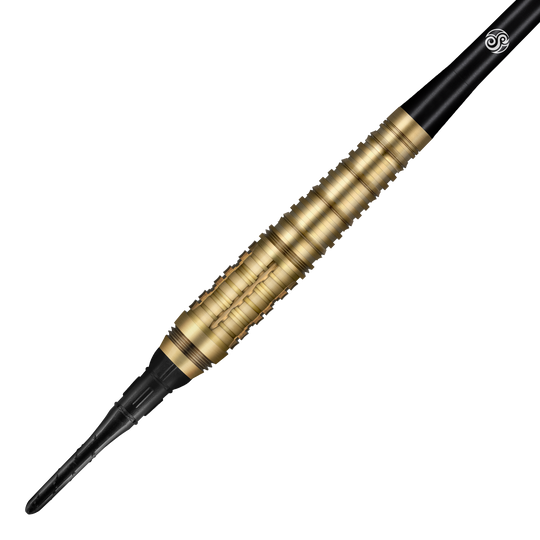 Měkké šipky Shot Redline Mach 1 - 20g Auf dem Bild ist ein Shot Redline Mach 1 Softdart mit einem Gewicht von 20g zu sehen. Der Dartpfeil hat einen goldfarbenen, geriffelten Griff und eine schwarze Spitze.