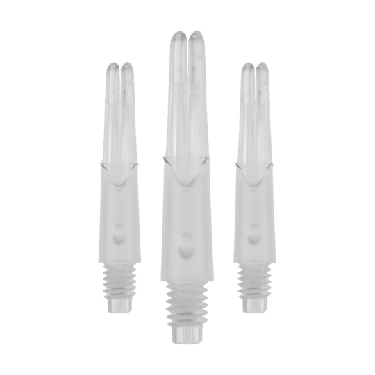 Das Bild zeigt drei transparente, gerade Kunststoffschäfte für Darts ohne Kappen. Die Schäfte haben ein Schraubgewinde am unteren Ende und sind 26 mm lang.