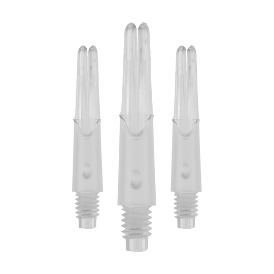 L-L-Style-Shafts Locked Straight - Clear Das Bild zeigt drei transparente, gerade Kunststoffschäfte für Darts ohne Kappen. Die Schäfte haben ein Schraubgewinde am unteren Ende und sind 26 mm lang.