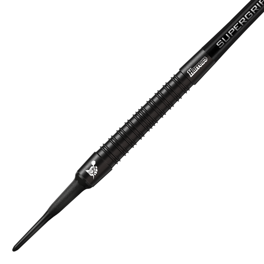 Měkké šipky Harrows Supergrip Black Edition Das Bild zeigt einen Harrows Supergrip Black-Edition Softdart. Der Dart ist komplett schwarz und hat eine strukturierte Griffoberfläche.