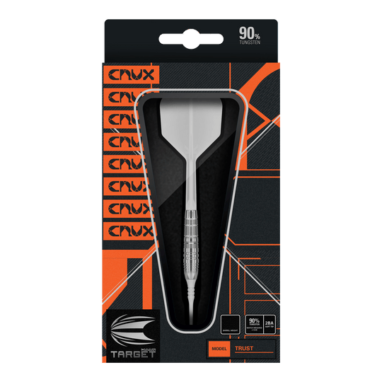 Měkké šipky Target Japan Crux Trust - 17g Die Abbildung zeigt die Verpackung der "Target Japan Crux Trust Softdarts - 17g". Der Dart ist sichtbar durch ein Sichtfenster in der Packung und enthält Angaben wie 90 % Tungsten.