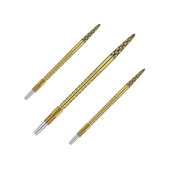 Target Swiss DS Surge Point Dart Tips – zlaté Das Bild zeigt drei goldene Dartspitzen mit feinen Rillen und schwarzen Mustern. Sie sind schlank und haben silberne Spitzen am Ende.