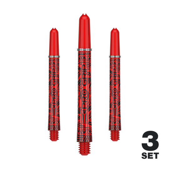 Auf dem Bild sind drei rote Dartschäfte mit schwarzem Muster und der Aufschrift "PRO GRIP" zu sehen. In der rechten unteren Ecke steht "3 SET".