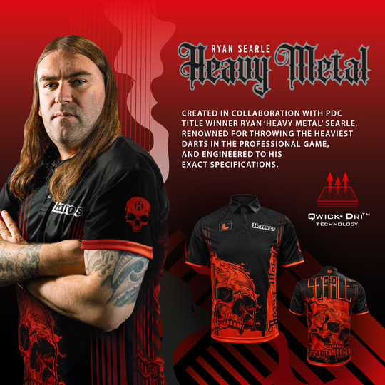 Harrowovo tričko s heavy metalovým hráčem Ryanem Searlem Das Bild zeigt das Harrows Ryan Searle Heavy Metal Playershirt. Dieses Dartshirt ist bei Spielern sehr beliebt.