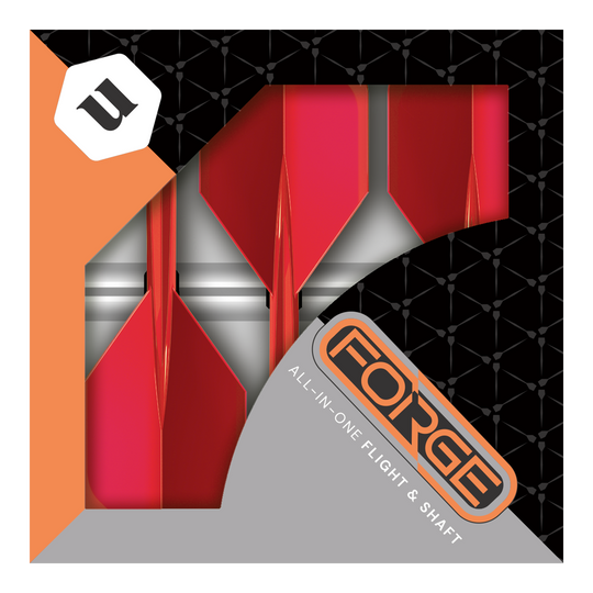 Das Bild zeigt eine Packung mit roten Unicorn Forge All In One Plus No2 Standard Flights in mittlerer Größe. Die Verpackung ist schwarz und orange mit dem Schriftzug "FORGE" und "ALL-IN-ONE FLIGHT & SHAFT".