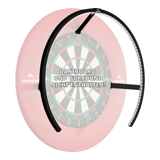 Gezeigt wird die Mission Torus 270 LED Dartboard Beleuchtung in Schwarz. Das Produkt liefert helles Licht für das Dartboard.