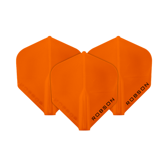 Lety Robson Plus – standardní Das Bild zeigt drei orangefarbene Dartflights. Auf jedem Flight steht das Wort "ROBSON" geschrieben.
