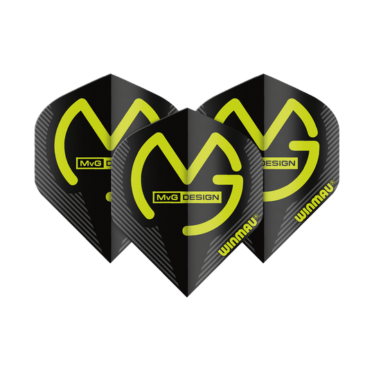 Das Bild zeigt drei schwarze Dart-Flights mit gelbem "MvG DESIGN" Logo und "Winmau"-Schriftzug. Die Flights sind im Standard-Format gestaltet.