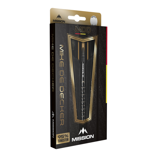 Šipky Mike De Decker MDD Black Gold Steeldarts Die Verpackung zeigt die Mission Mike De Decker MDD Black Gold Steeldarts. Auf der Vorderseite steht, dass die Darts zu 95% aus Tungsten bestehen.