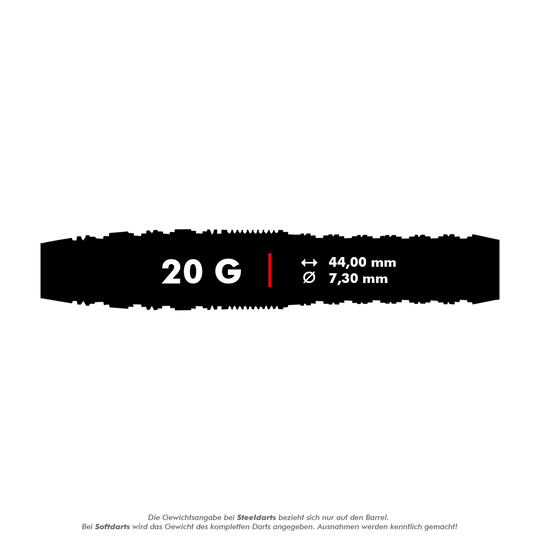 Šipky Shot Redline Gizmo Soft - 20g Das Bild zeigt die Produktinformationen für die Shot Redline Gizmo Softdarts mit einem Gewicht von 20 Gramm. Die Darts sind 44,00 mm lang und haben einen Durchmesser von 7,30 mm.