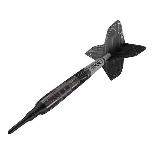 Měkké šipky Target Nathan Aspinall X Echo - 18g Das Bild zeigt den Softdart „Target Nathan Aspinall X Echo“ mit einem Gewicht von 18 Gramm. Der Dartpfeil ist schwarz und hat ein modernes, geriffeltes Design mit der Aufschrift "TARGET" auf dem Schaft.