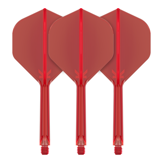 Standardní letový systém Target K-Flex No2 - červený Auf dem Bild sind drei rote Dartflights mit Schäften zu sehen. Sie sind nebeneinander ausgerichtet und haben eine standardmäßige Pfeilform.