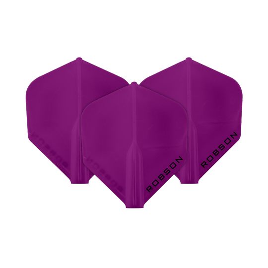 Lety Robson Plus – standardní Das Bild zeigt drei violette Dartflights der Marke Robson. Auf jedem Flight steht das Wort "ROBSON" in schwarzer Schrift.
