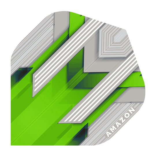 A-32-Amazon-Silver-No2-Green-FlightsCy0CmZ2EKZdoD Das Bild zeigt ein grünes Dart Flight mit silbernen und weißen geometrischen Mustern. In der Ecke steht das Wort "AMAZON" in weißer Schrift.