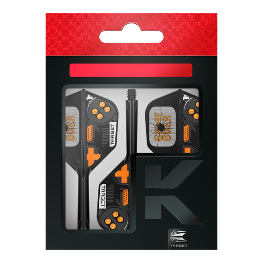 Hier sieht man die Target K-Flex Game Over No6 Flights. Es handelt sich um Dart-Flights mit auffälligem Muster.
