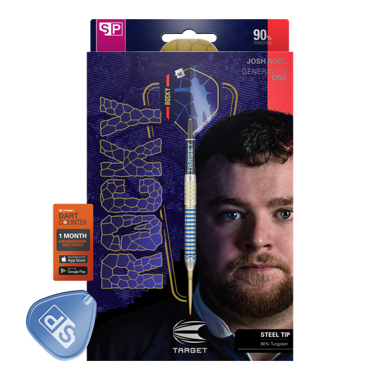 Das Bild zeigt die Verpackung der "Target Josh Rock GEN1 Swiss Point Steeldarts". Auf der Verpackung ist ein Dart, der Name des Produkts und das Gesicht eines Mannes abgebildet.