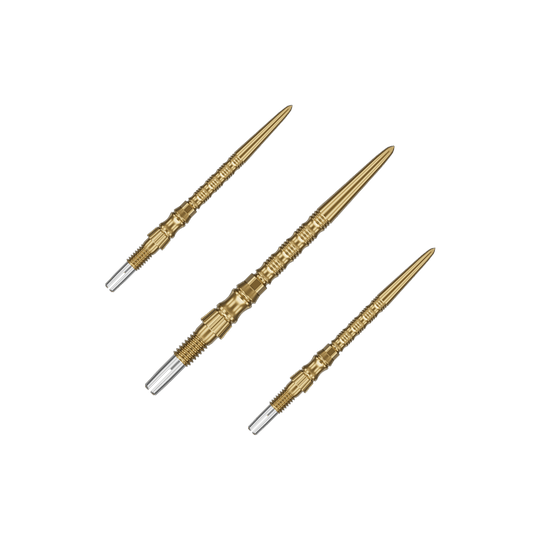 Ocelové hroty na šipky Target Signature Swiss Point TRB - zlaté Ein Set von Target SwissPoint Signature TRB Dartspitzen in Gold mit 30mm Länge ist zu sehen. Die Dartspitzen sind ordentlich angeordnet.