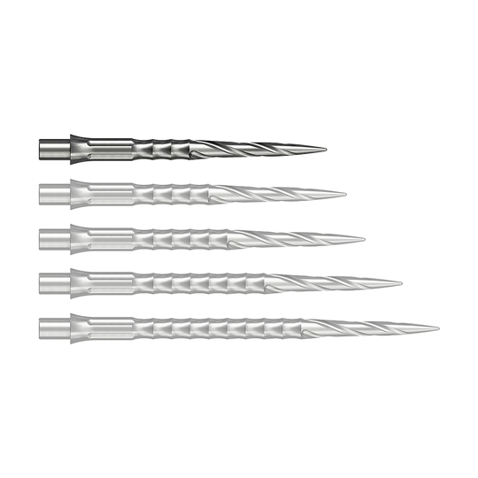 Ocelové hroty na šipky Caliburn System - Spiro - NoLip - stříbrné Das Bild zeigt wahrscheinlich eine 28 mm lange Steeldartspitze aus Silber. Die Spitze ist Teil des Caliburn Evo Systems und trägt die Bezeichnung Spiro NoLip.
