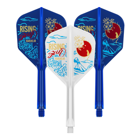 Das Bild zeigt drei Dartflights aus der "Target Japan K-Flex Haruki Muramatsu Rising Sun No6 Flight-Shaft-System"-Serie. Zwei sind blau und einer ist weiß, alle mit einem stilisierten Sonnen- und Landschaftsmotiv bedruckt.