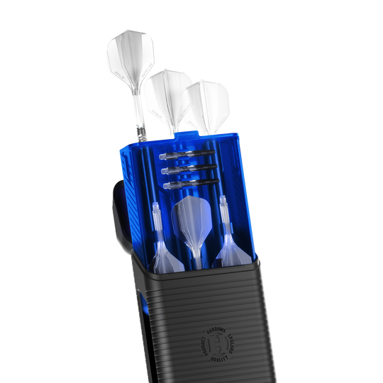 Pouzdro na šipky Harrows Vault Eine blaue Darttasche namens Harrows Vault ist abgebildet. Die Tasche ist geschlossen und wird von oben gezeigt.