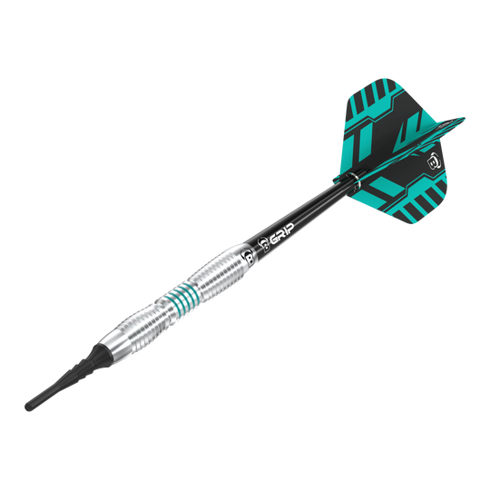 Auf dem Bild ist ein Bulls V1 Softdart zu sehen. Der Dart hat ein silbernes Barrel mit grünen Akzenten und ein schwarzes Shaft mit buntem Flight.