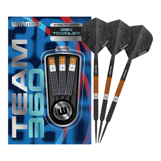 Das Produkt Winmau Team 360 Ben Townley Steeldarts - 23g ist hier komplett dargestellt. Diese Steeldarts sind langlebig und vielseitig einsetzbar.