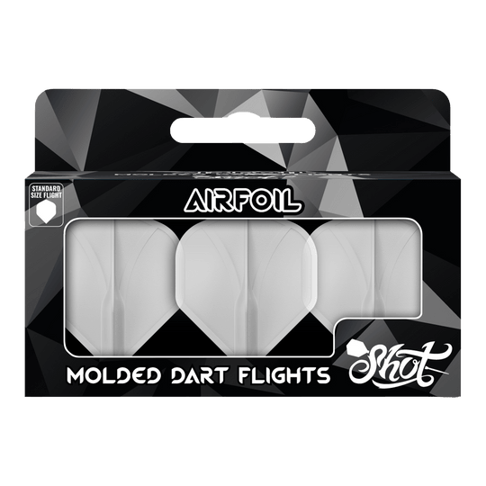 Auf dem Bild ist eine Packung mit geformten Dart-Flights der Marke Shot zu sehen. Die Flights sind durchsichtig und in einer schwarzen Verpackung mit der Aufschrift "Airfoil" präsentiert.