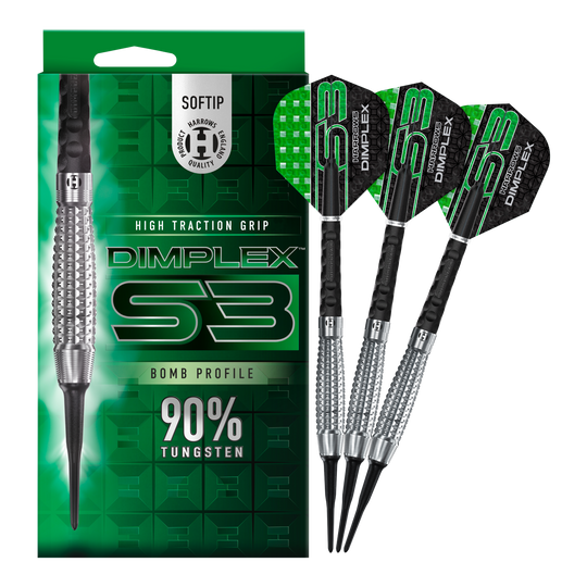 Měkké šipky Harrows Dimplex S3 Bomb Auf dem Bild sind die Harrows Dimplex S3 Bomb Softdarts und ihre Verpackung zu sehen. Die Darts haben einen hohen Grip und bestehen zu 90% aus Tungsten.