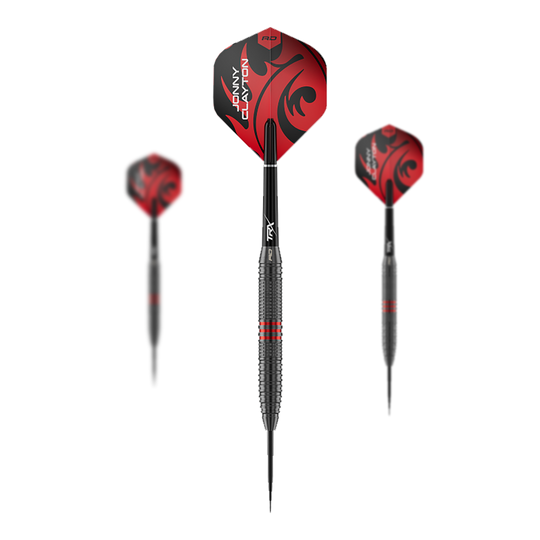 Ocelové šipky Red Dragon Jonny Clayton Core Brass - 21g Das Bild zeigt ein Set der Red Dragon Jonny Clayton Core Brass Steeldarts mit 21g Gewicht. Es sind drei Darts mit goldener Griffzone und roten Flights dargestellt.