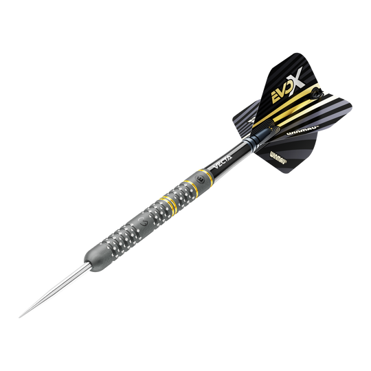 Ocelové šipky Winmau Michael Van Gerwen Evo-X Das Bild zeigt einen Winmau Michael Van Gerwen Evo-X Steeldart. Der Dart hat ein schwarzes und gelbes Design mit metallischer Spitze und strukturierter Griffzone.