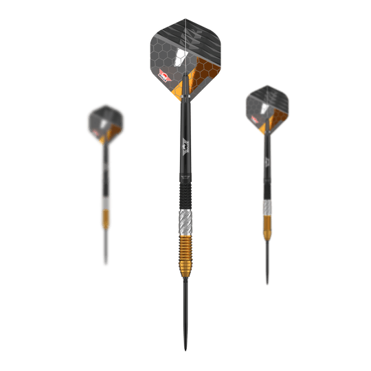 Dieses Set zeigt die Bulls NL Dirk Van Duijvenbode 95% Convertible Points Steeldarts. Die Darts zeichnen sich durch ihre wandelbaren Spitzen und das elegante Design aus.