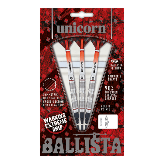 Šipky Unicorn Ballista Style 2 měkké Das Bild zeigt eine Packung „Unicorn Ballista Style 2 Softdarts“. In der Packung befinden sich drei Softdarts mit silbernen und orangenen Details.