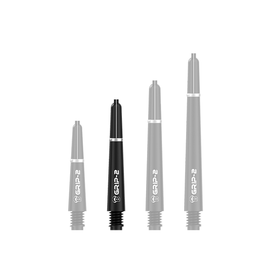 Das Bild zeigt vier schwarze Bulls B-Grip-2 SL Shafts in unterschiedlicher Länge. Die Shafts sind mit weißer Schrift und einem silbernen Ring am oberen Ende versehen.