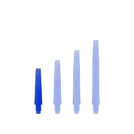 L-tvarované L-hřídele, rovné, zajištěné - modré Auf dem Bild sind vier blaue, gerade Dartschäfte in unterschiedlichen Längen zu sehen. Sie stehen nebeneinander auf weißem Hintergrund.