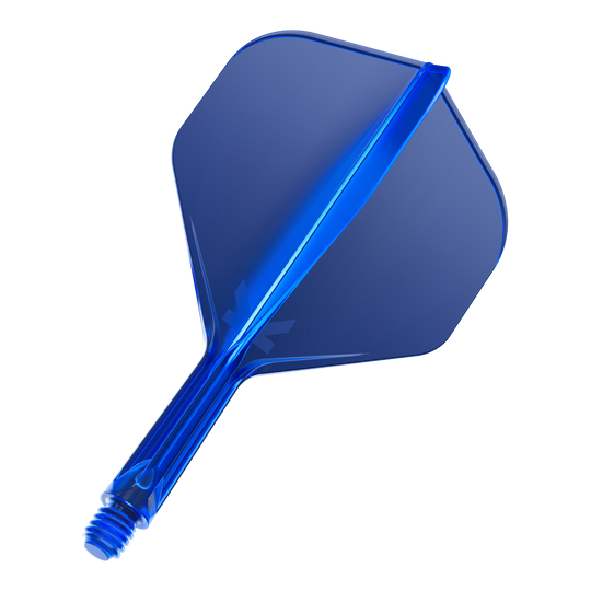 Standardní letový systém Target K-Flex No2 - modrý Das Bild zeigt einen blauen Dartflügel mit Schaft. Er hat eine standardmäßige Form und eine glänzende Oberfläche.