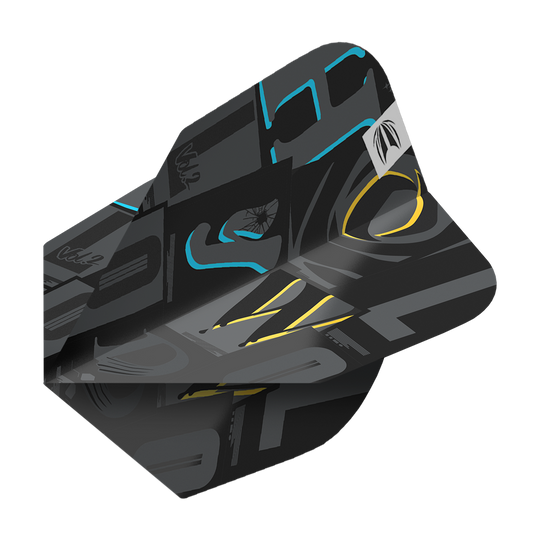 Das Bild zeigt ein Target Pro Ultra Chris Dobey No6 Standard Flight. Das Design ist überwiegend schwarz mit gelben, blauen und grauen Akzenten.