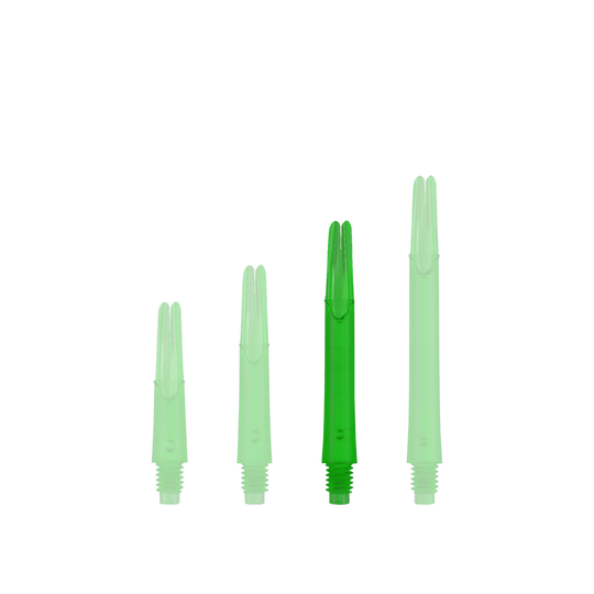 Auf dem Bild sind vier grüne, gerade Dartschäfte in unterschiedlichen Längen zu sehen. Sie stehen nebeneinander und sind ohne Kappen dargestellt.