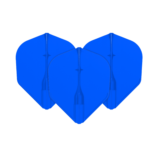Lety L-L-Style3EZ Das Bild zeigt drei blaue Dartflights, die nebeneinander angeordnet sind. Sie haben eine klassische, leicht abgerundete Form.